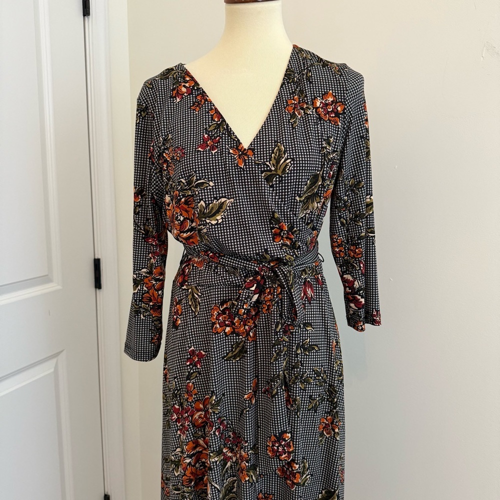 Ronni Nicole Women's Size 10 Midi V Neck Dress Houndstooth Floral Dark Academia - Picture 2 of 12
